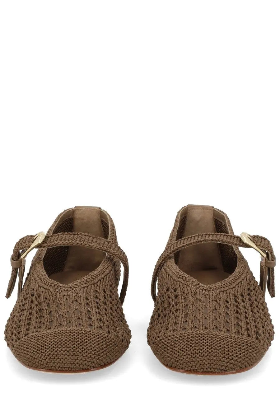 Stuart Weitzman women’s ballerina Leora mary jane flats in brown knitted woven texture with gold-tone buckle accents