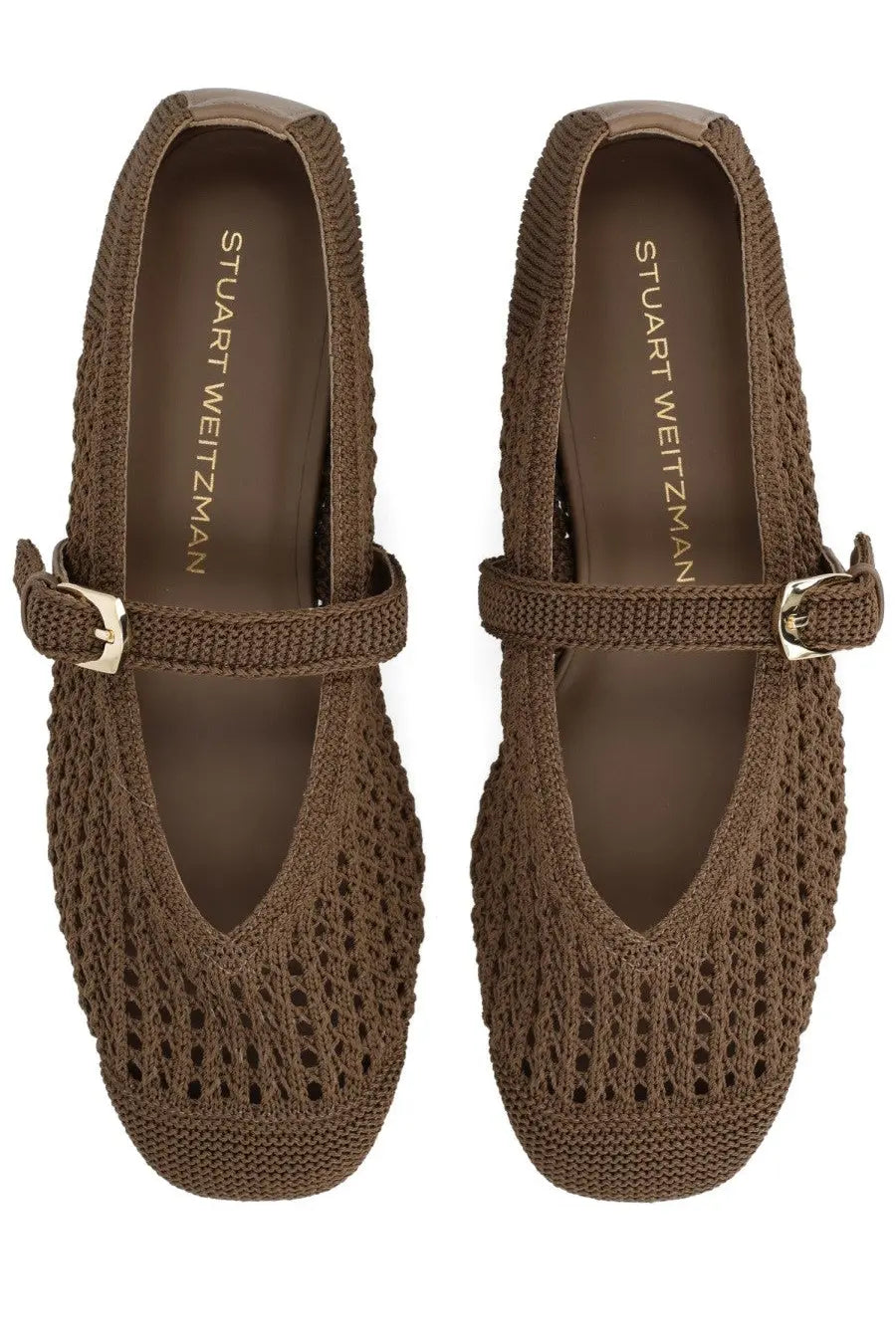 Stuart Weitzman women’s ballerina Leora Mary Gane brown flats with knitted woven texture and metallic buckle details