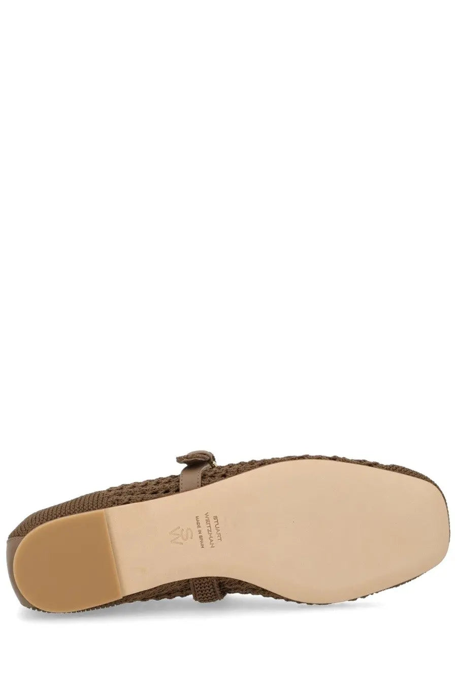 Stuart Weitzman women’s ballerina Leora Mary Gane brown woven espadrille flat shoe with small bow on strap