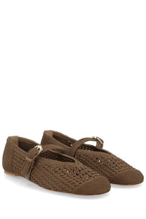 Stuart Weitzman women’s ballerina Leora Mary Gane brown woven flat shoes with delicate lace-up design and metallic buckles