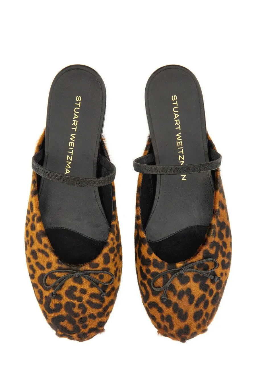 Stuart Weitzman women’s ballerina mule First Bow pattern leopard print mules with black suede accents and toe bow