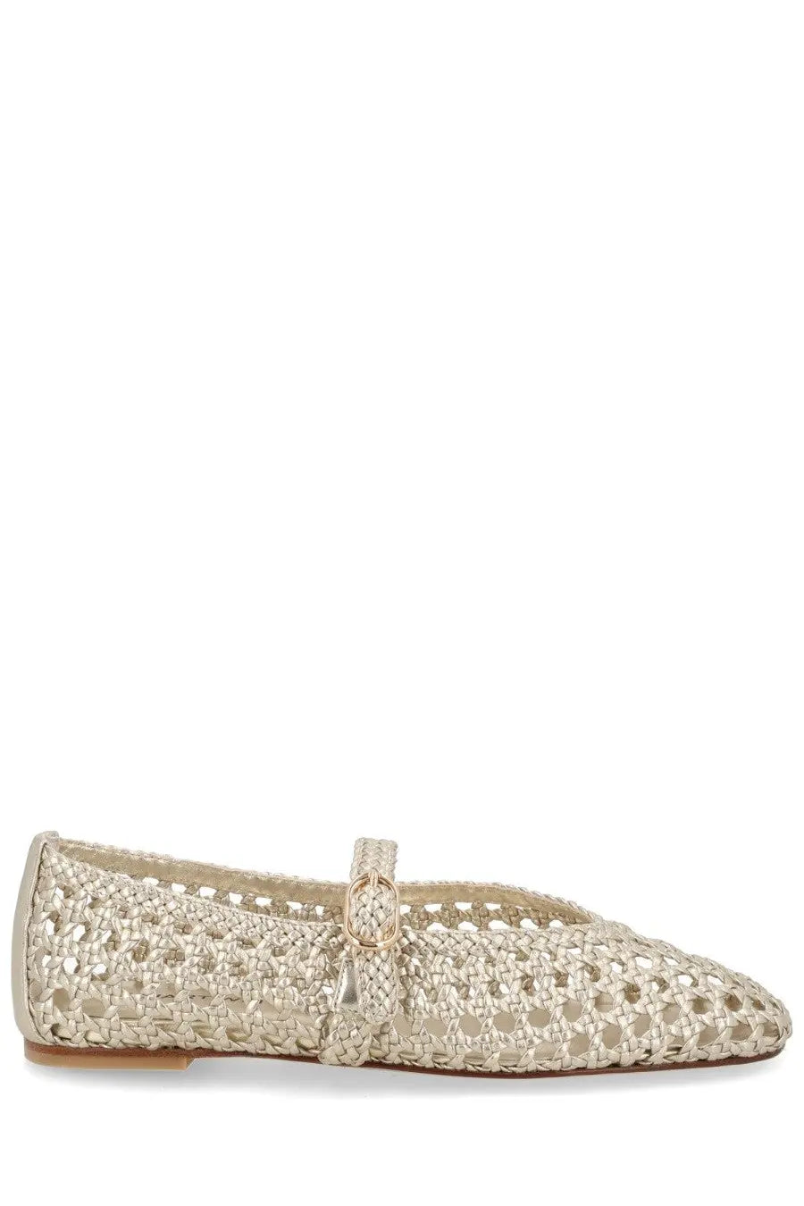 Stuart Weitzman women’s ballerina prima mary jane gold beige woven flat shoe with braided strap and gold buckle