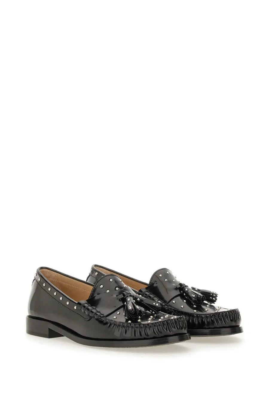 Stuart Weitzman women’s moccasin Lottie black patent leather loafers with silver studs and tassels