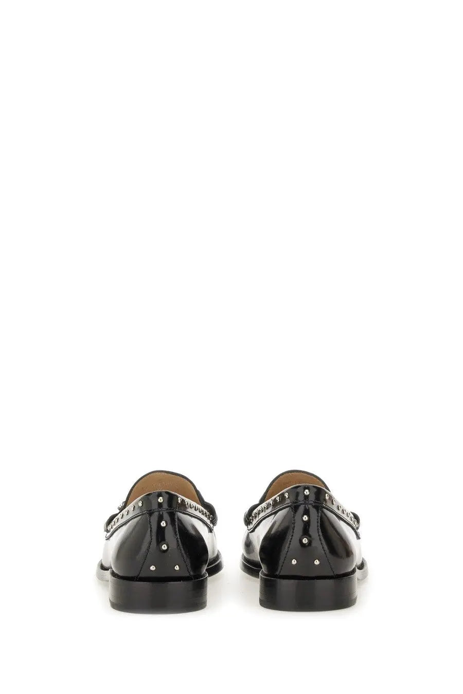 Stuart weitzman women’s moccasin lottie black patent leather loafers with silver studs and decorative chain detail back view