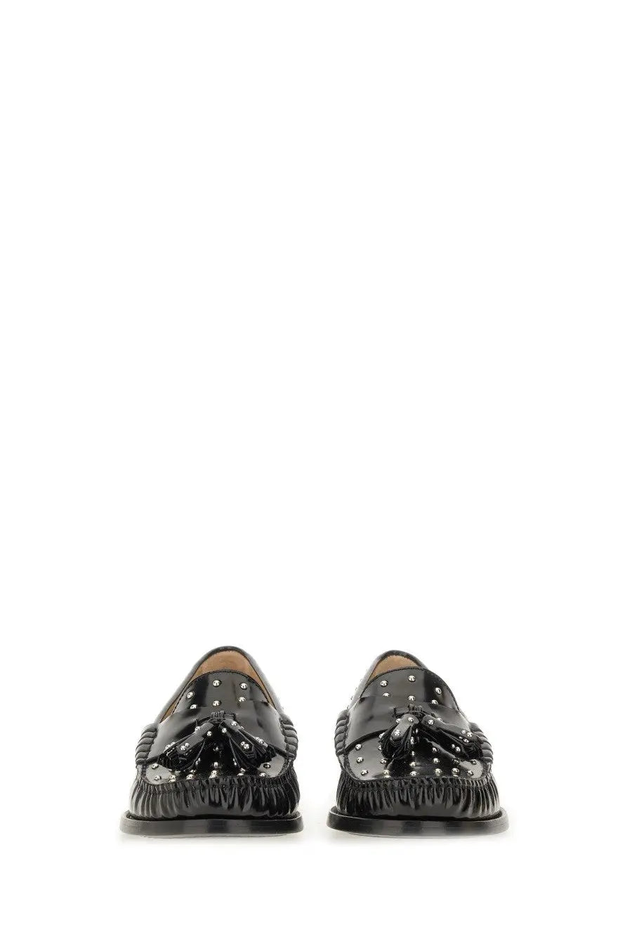 Stuart weitzman womens moccasin lottie black patent leather loafers with glossy finish silver studs and tassels