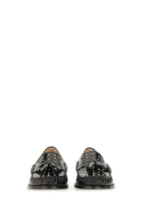 Stuart weitzman womens moccasin lottie black patent leather loafers with glossy finish silver studs and tassels