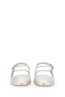 Stuart Weitzman women’s slingback pumps benni silver with silver metallic flat shoes featuring delicate crisscross straps and buckle details