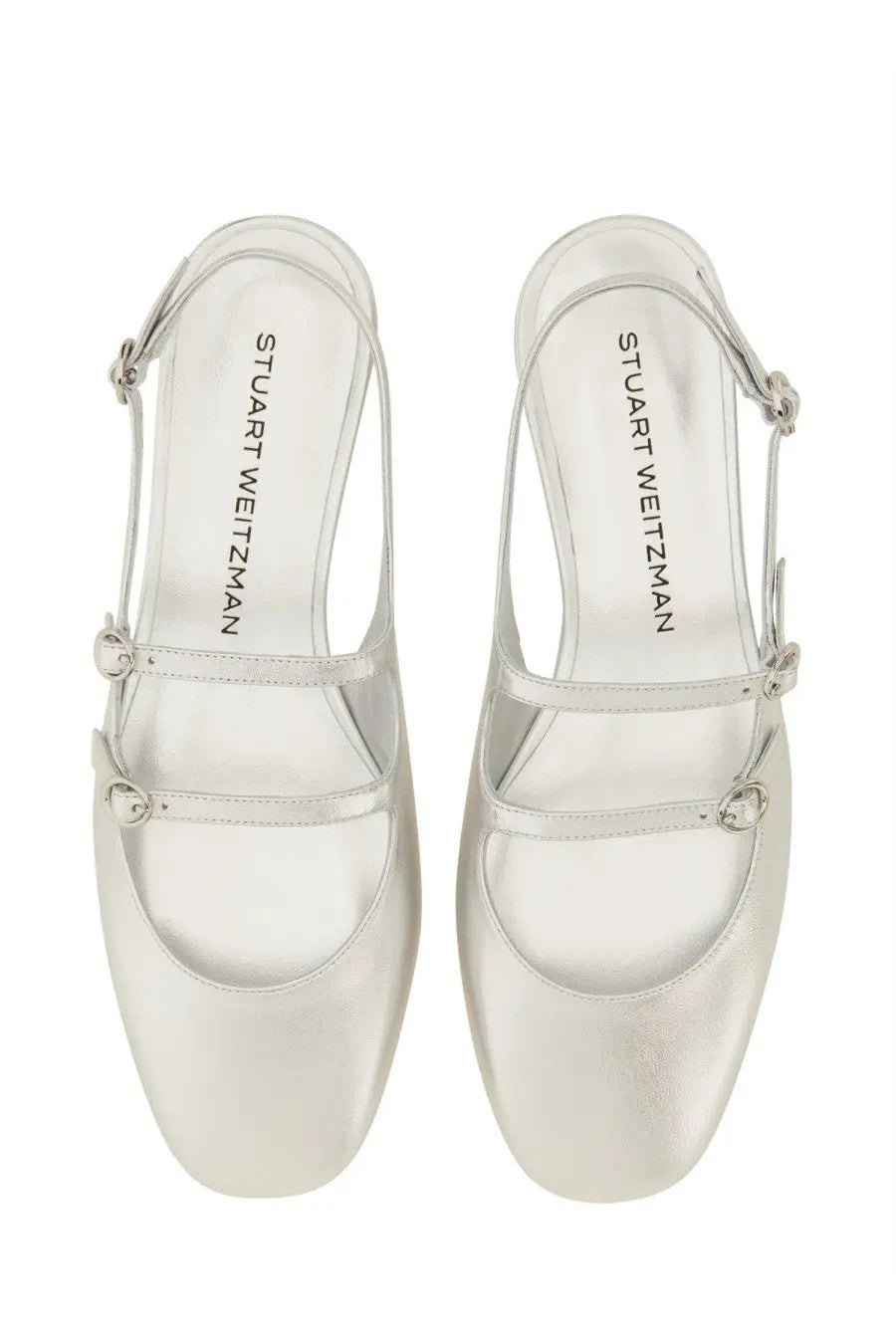 Stuart Weitzman women’s silver satin mary jane flats with sleek minimalist design and delicate ankle straps