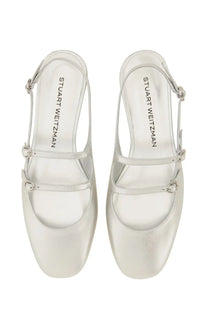 Stuart Weitzman women’s silver satin mary jane flats with sleek minimalist design and delicate ankle straps