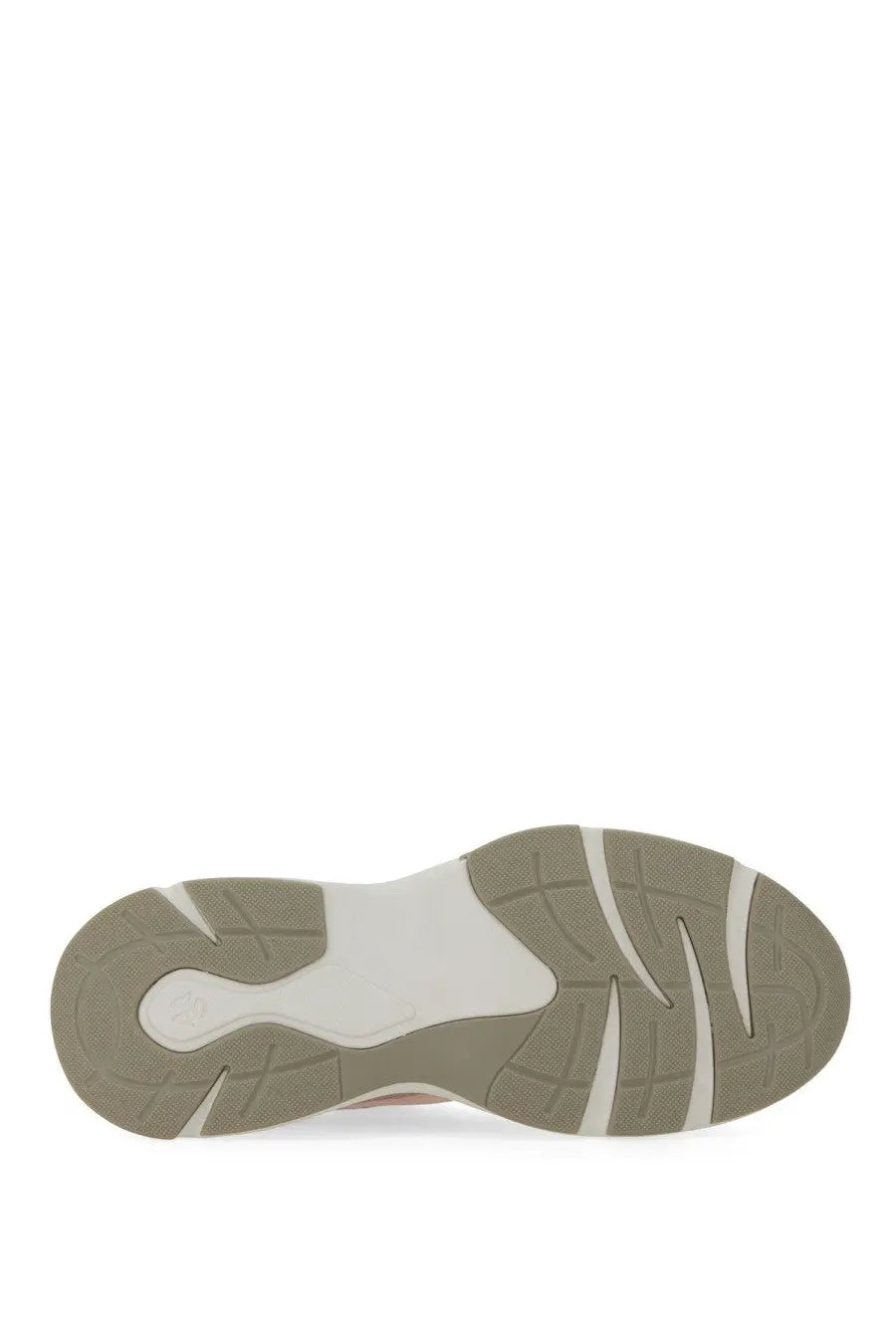 Beige and white rubber sole with textured geometric tread on the back of a stuart weitzman womens sneaker trainer blue