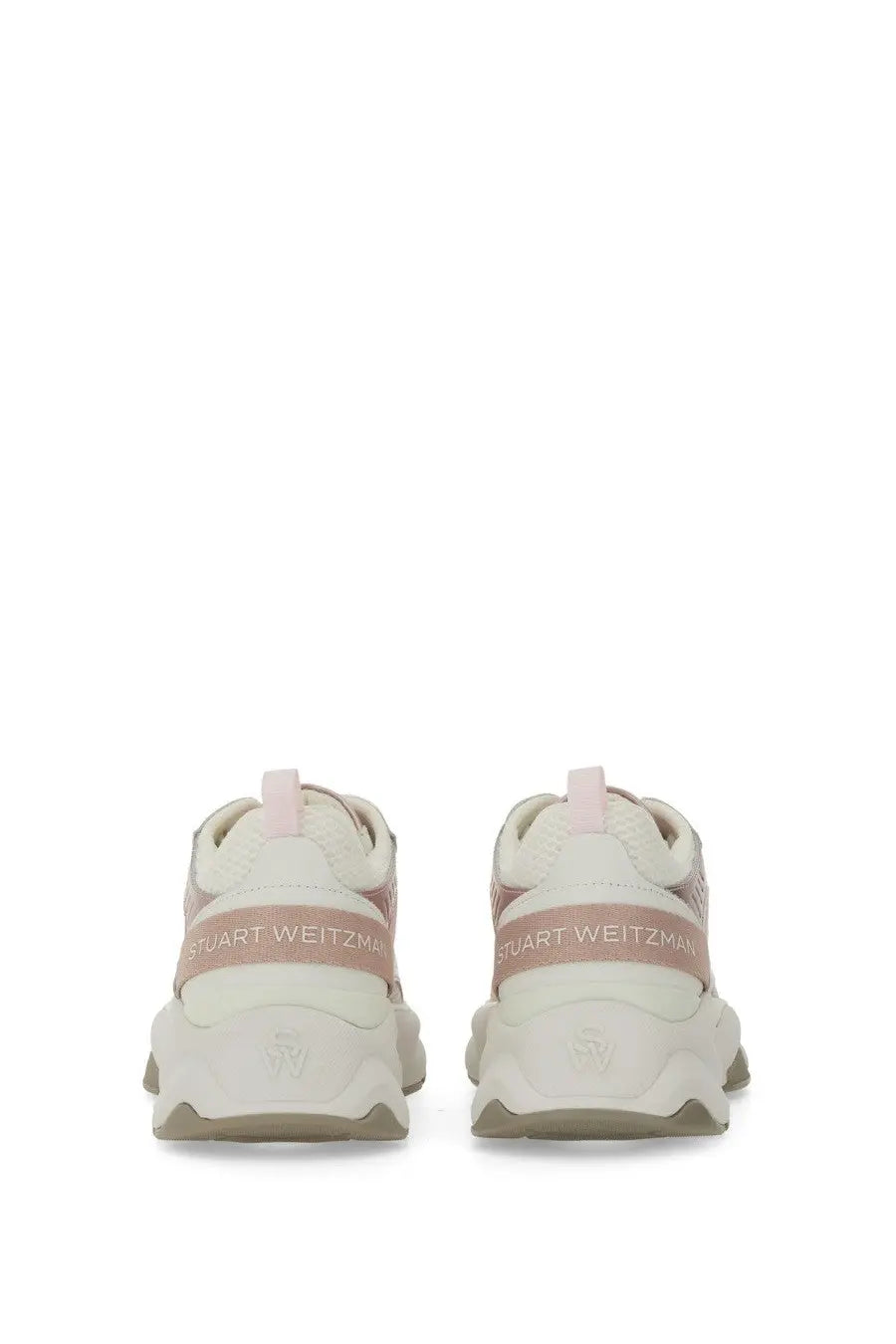 Stuart Weitzman women’s sneaker trainer in white and blush pink with chunky midsole and textured upper