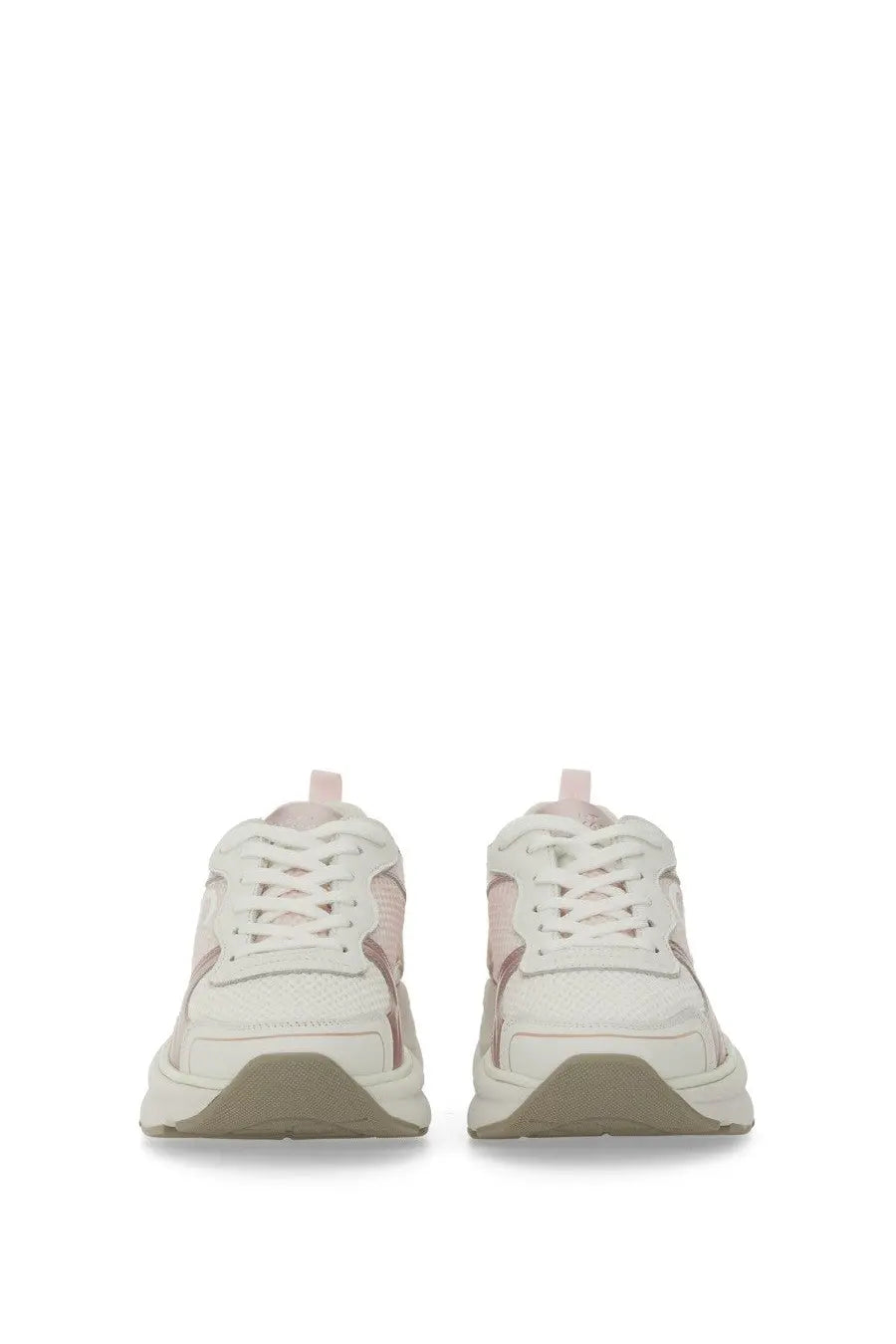 Stuart Weitzman women’s sneaker trainer in white and blush pink with chunky textured upper and layered design