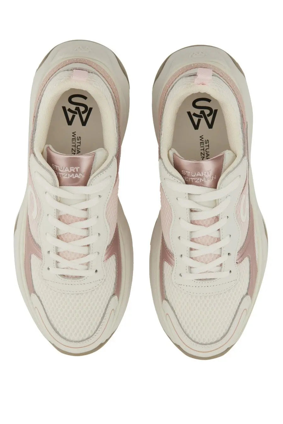 Stuart Weitzman women’s sneaker trainer blue in white and rose gold with mesh upper and chunky sole