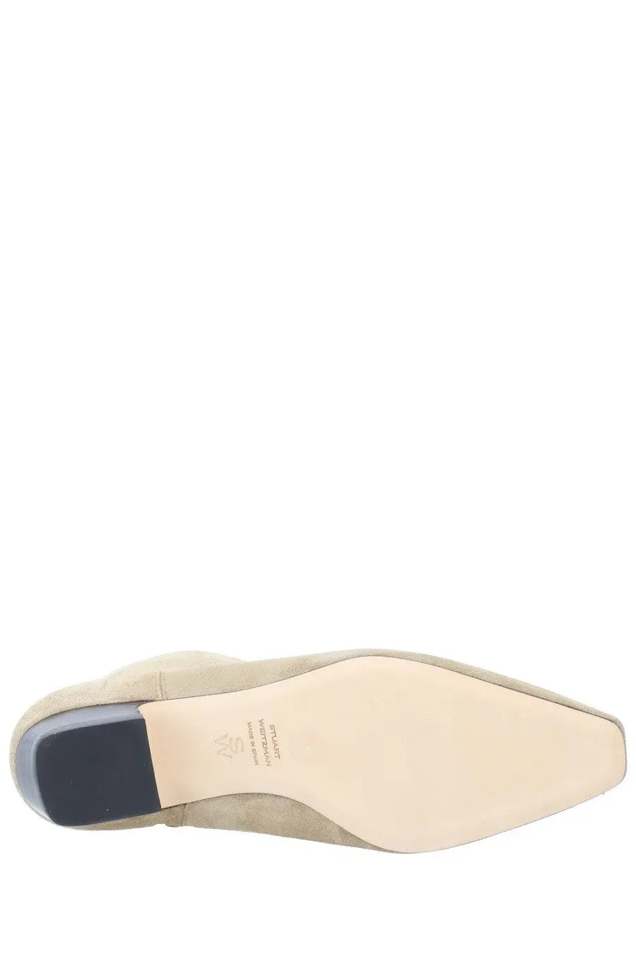 Stuart Weitzman womens stivaletto stassi beige suede ankle boot with low dark gray heel and minimalist design