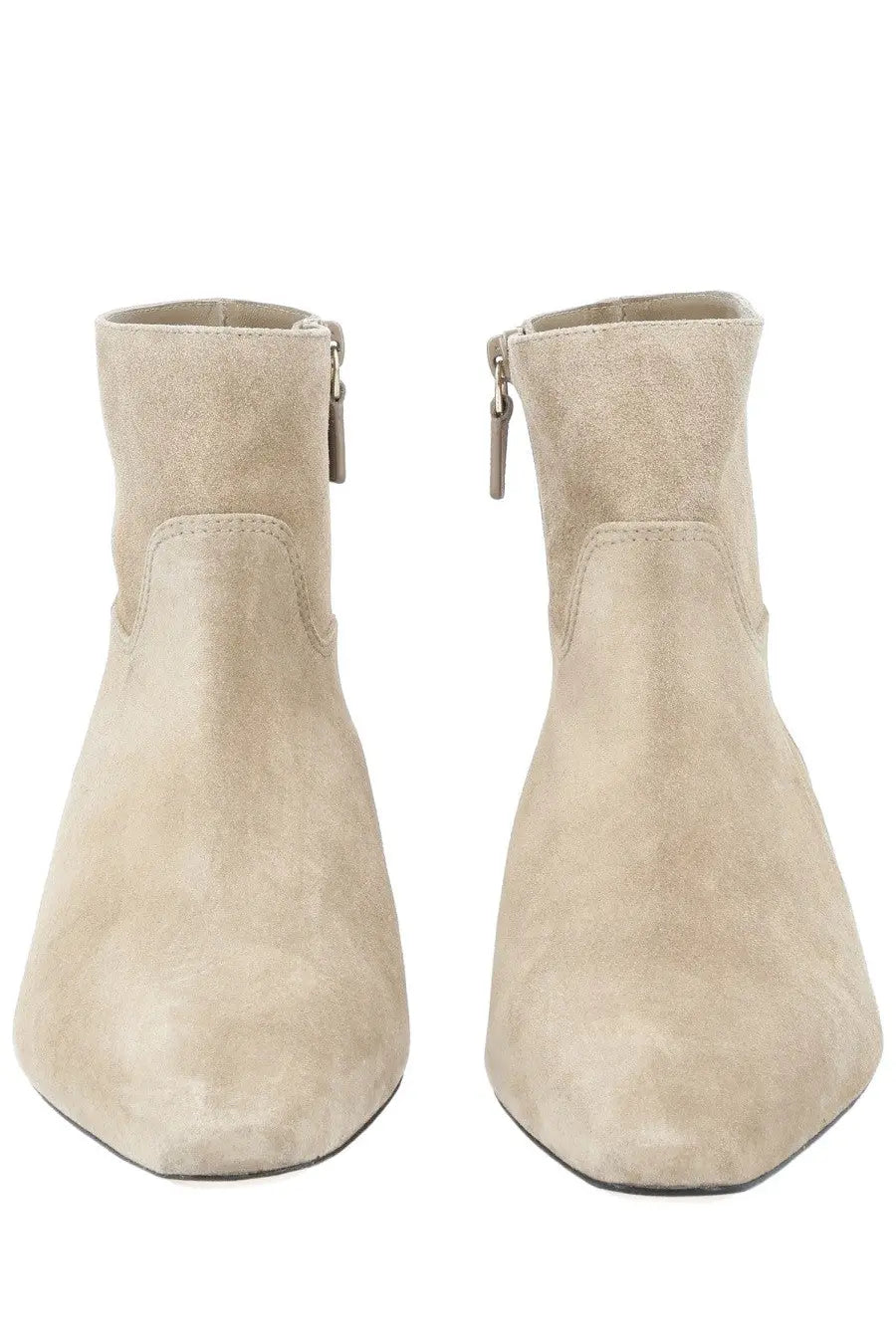 Beige suede ankle boots with pointed toe and side zipper from Stuart Weitzman women’s Stivaletto Stassi collection