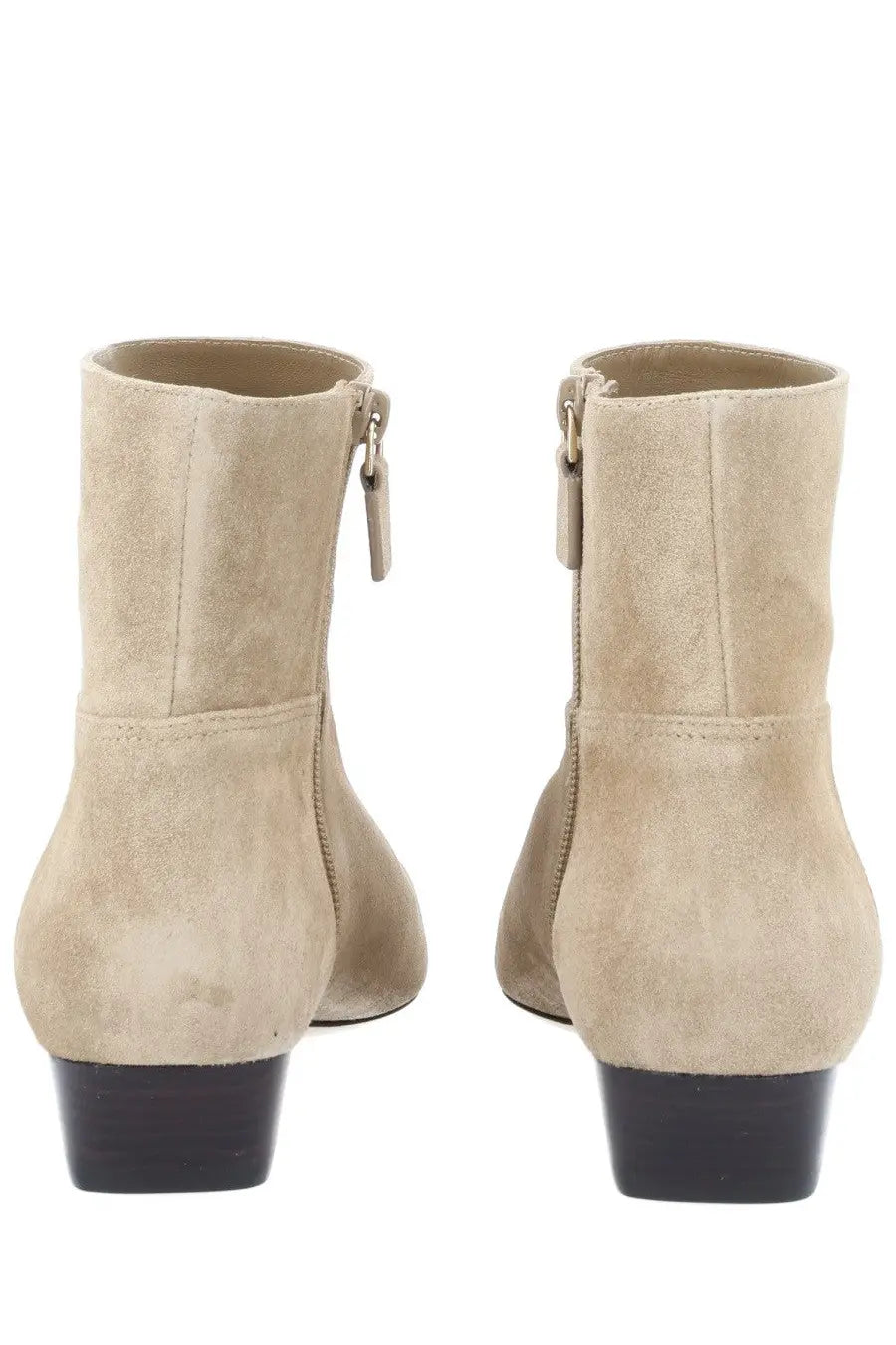 Stuart Weitzman women’s stivaletto stassi beige suede ankle boots with low black block heel and side zipper closure