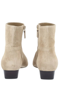 Stuart Weitzman women’s stivaletto stassi beige suede ankle boots with low black block heel and side zipper closure