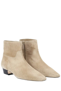 Stuart Weitzman women’s Stivaletto Stassi beige suede ankle boots with low block heel and zipper closure