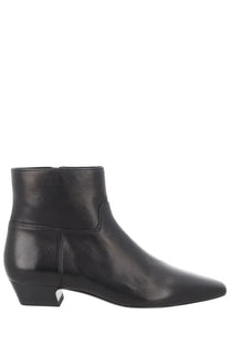 Stuart Weitzman women’s stivaletto stassi black leather ankle boot with pointed toe and low block heel