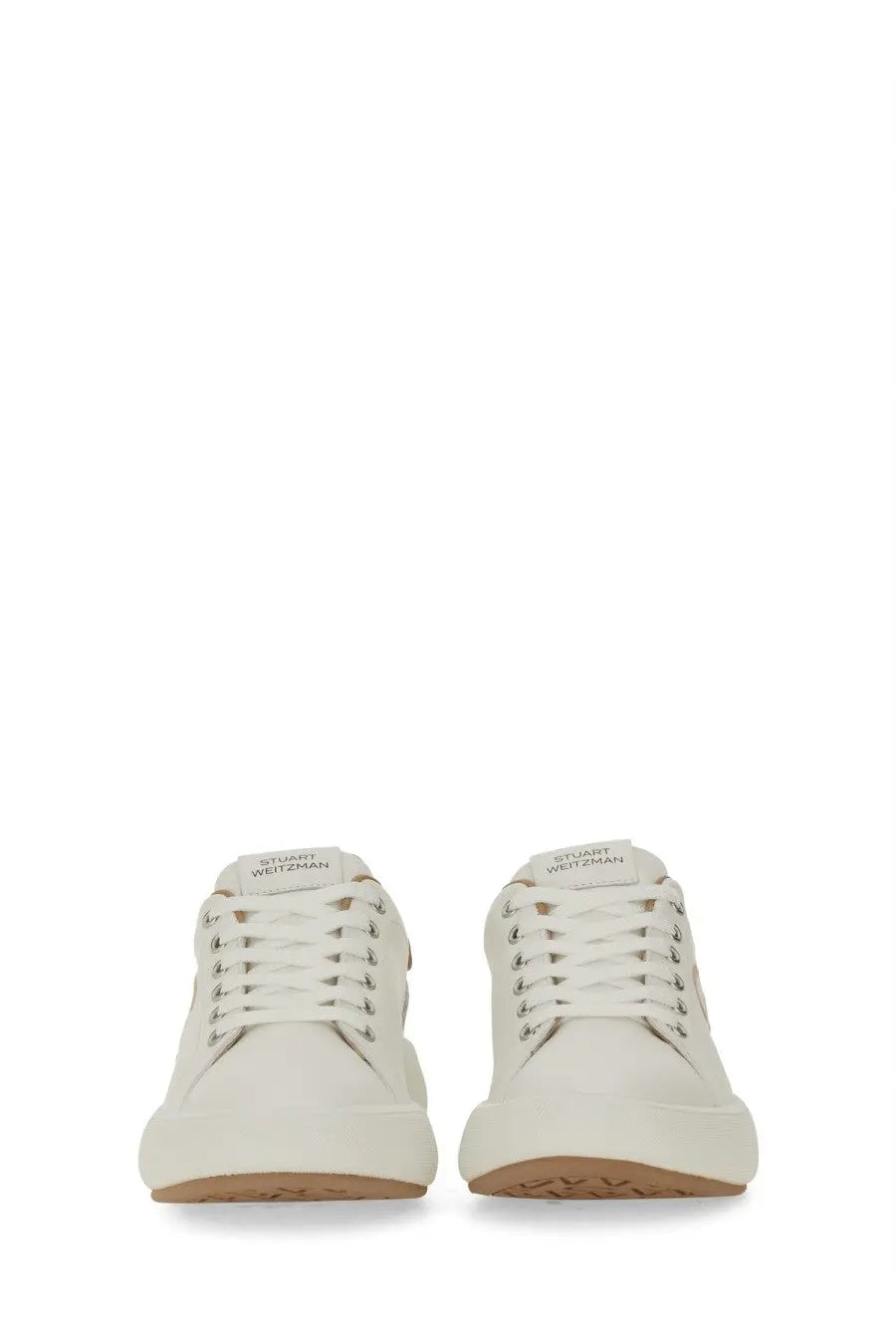 Stuart Weitzman women’s sw pro sneaker white leather with silver eyelets and tan rubber sole