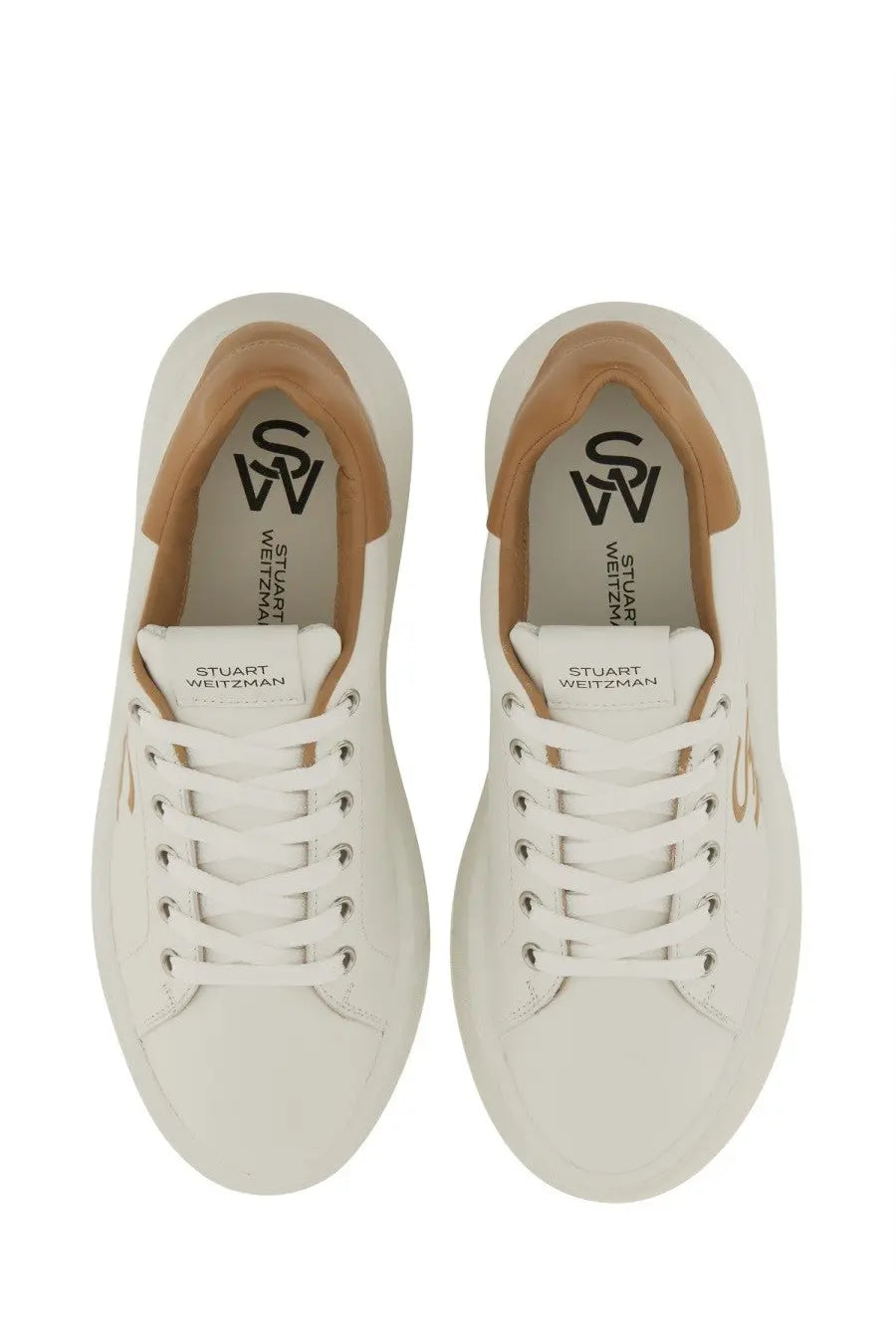 Stuart Weitzman women’s SW Pro sneaker white leather with tan accents and silver eyelets