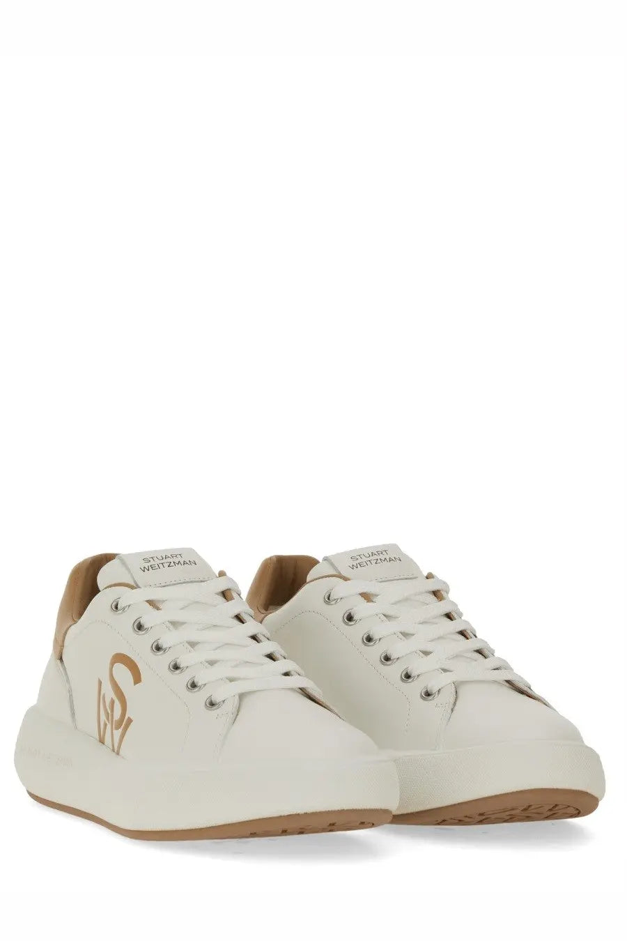 Stuart Weitzman women’s SW Pro sneaker white leather with tan accents gold logo silver eyelets and tan rubber sole