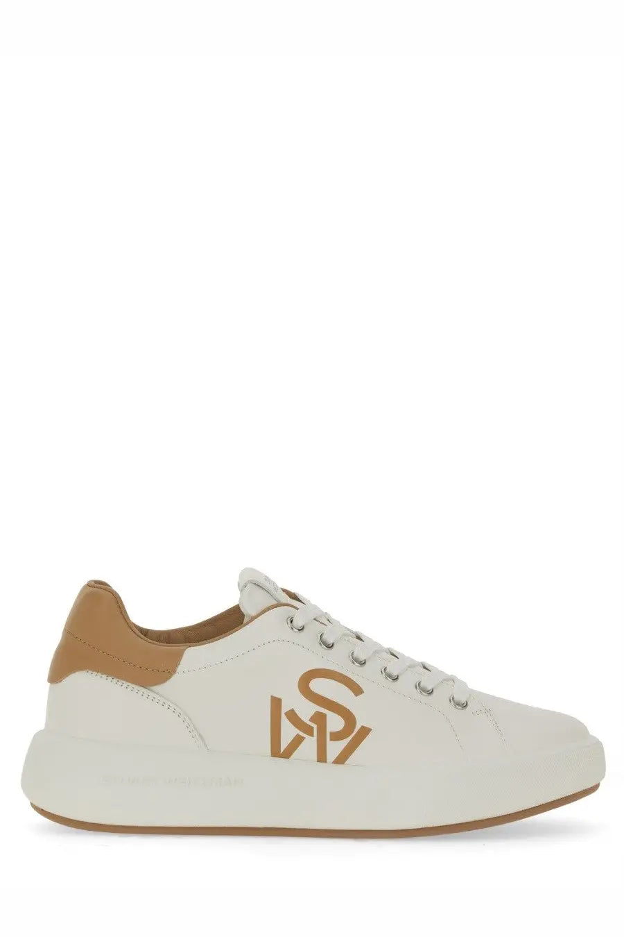 Stuart Weitzman women’s SW Pro sneaker white in white leather with tan accents and a gold logo on the side