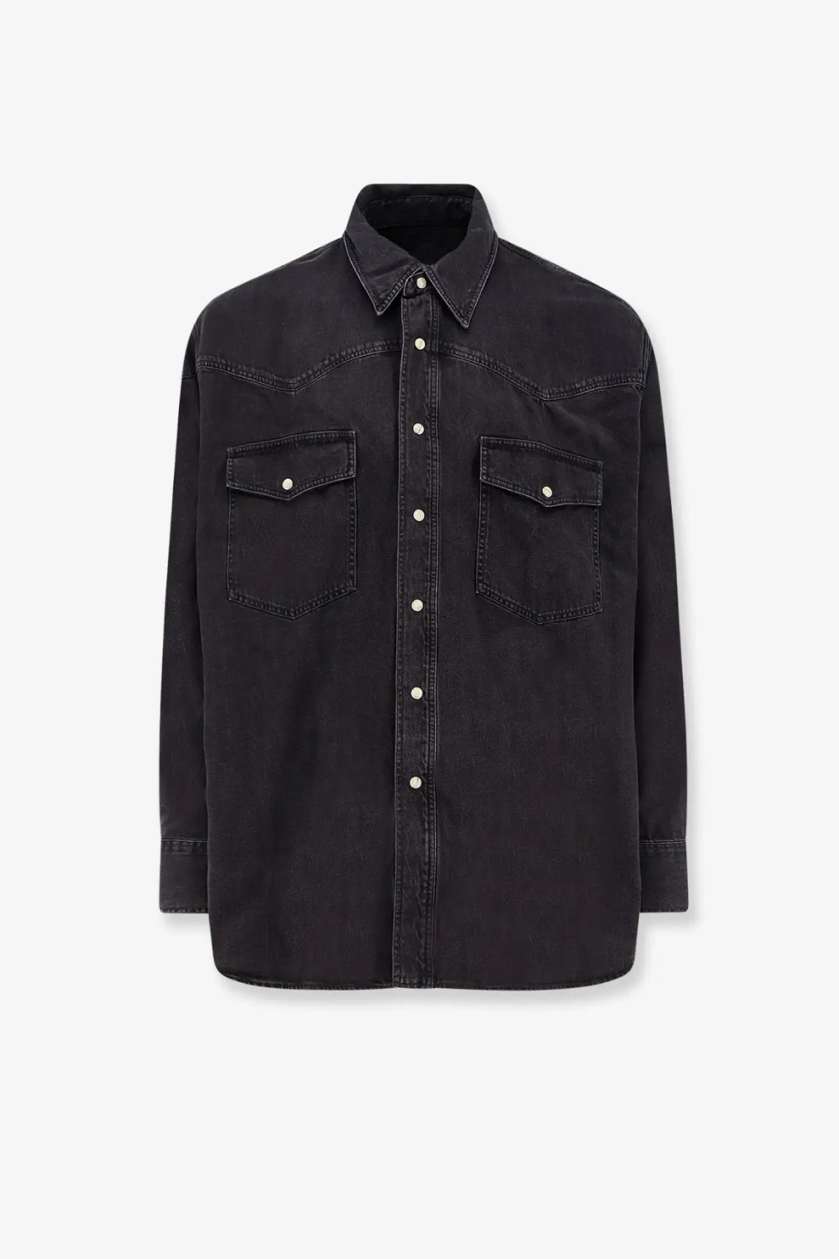 Studio nicholson men’s black denim shirt with buttoned chest pockets and classic collar made from black denim