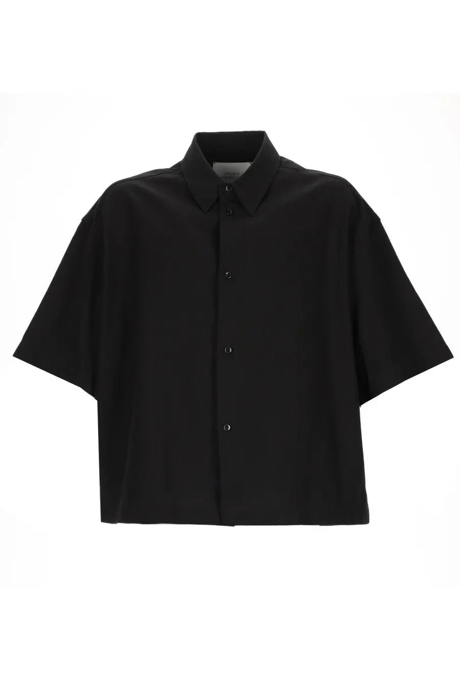 Studio Nicholson Men’s Camicia Sanko black short-sleeved button-up shirt with classic collar and subtle sheen