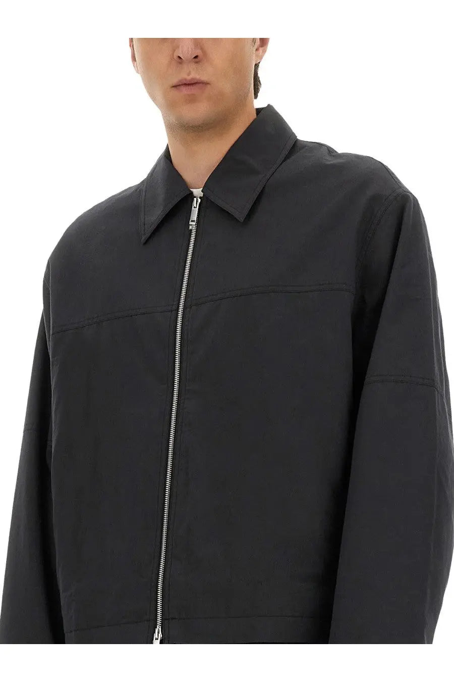 Studio nicholson men’s harrington jacket grey black zip front with structured collar and subtle stitching details