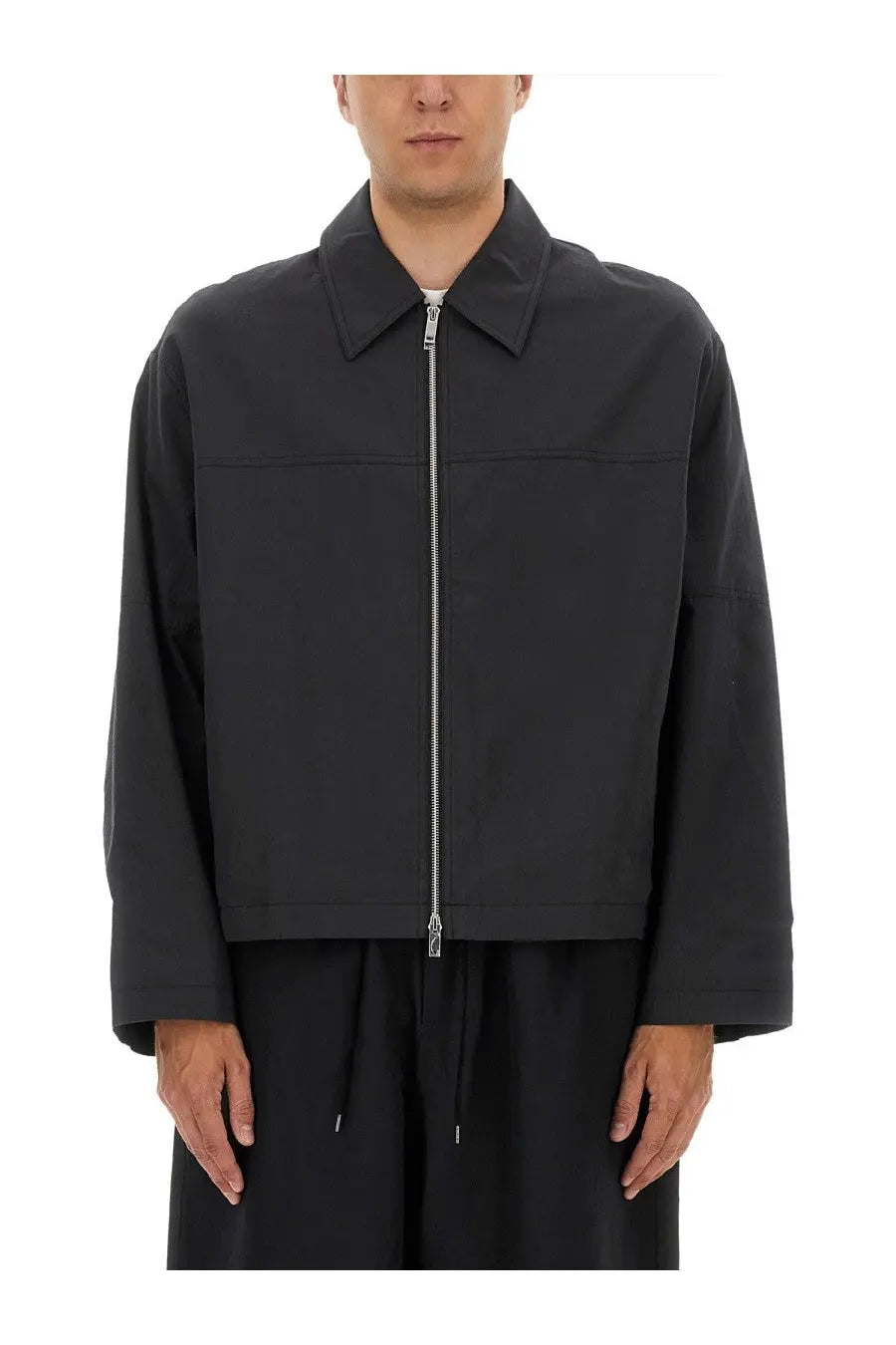Studio nicholson men’s harrington jacket grey with structured collar and subtle front pockets in black zip-up style