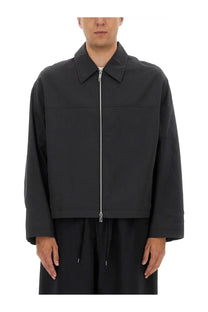 Studio nicholson men’s harrington jacket grey with structured collar and subtle front pockets in black zip-up style