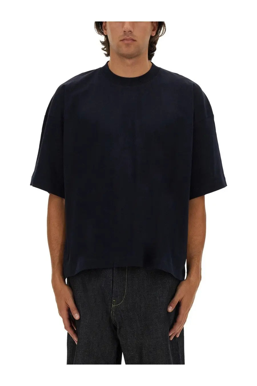 Black oversized short-sleeved t-shirt with relaxed fit and subtle texture from Studio Nicholson men’s jersey shirt blue collection