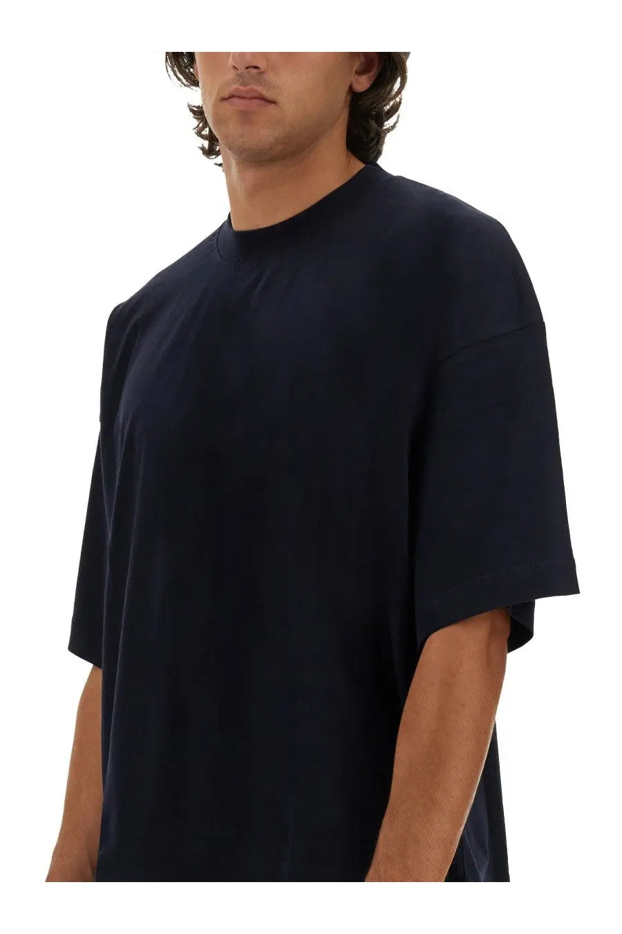 Dark navy oversized crewneck t-shirt with relaxed fit and short sleeves from studio nicholson mens jersey shirt blue collection