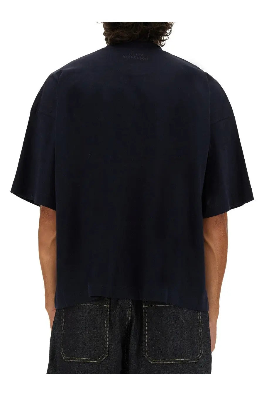 Studio Nicholson men’s jersey shirt in dark navy with short sleeves relaxed fit and subtle brand embroidery at neckline