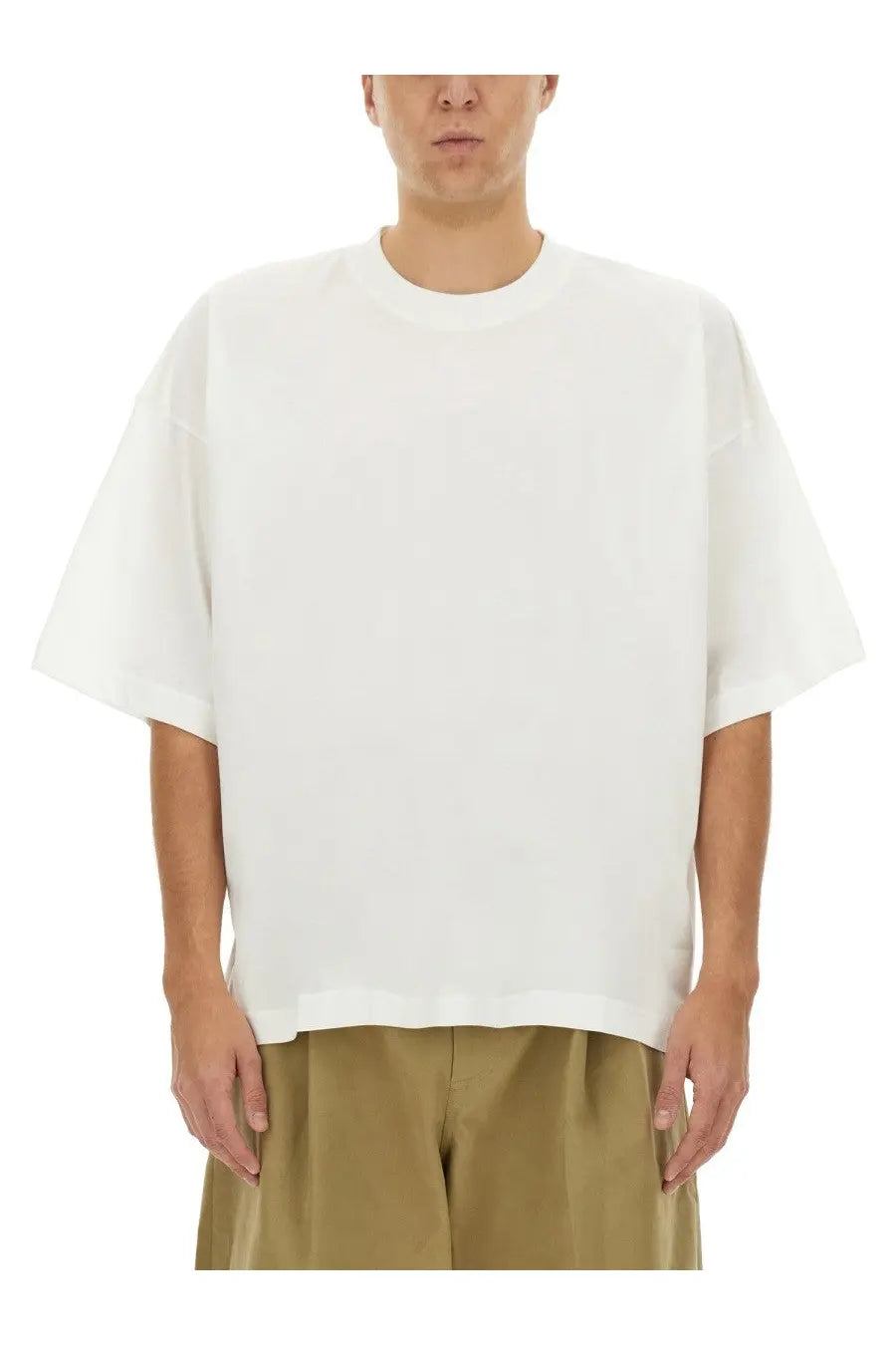 Studio Nicholson men’s white jersey shirt with oversized short sleeves and relaxed crew neckline fit