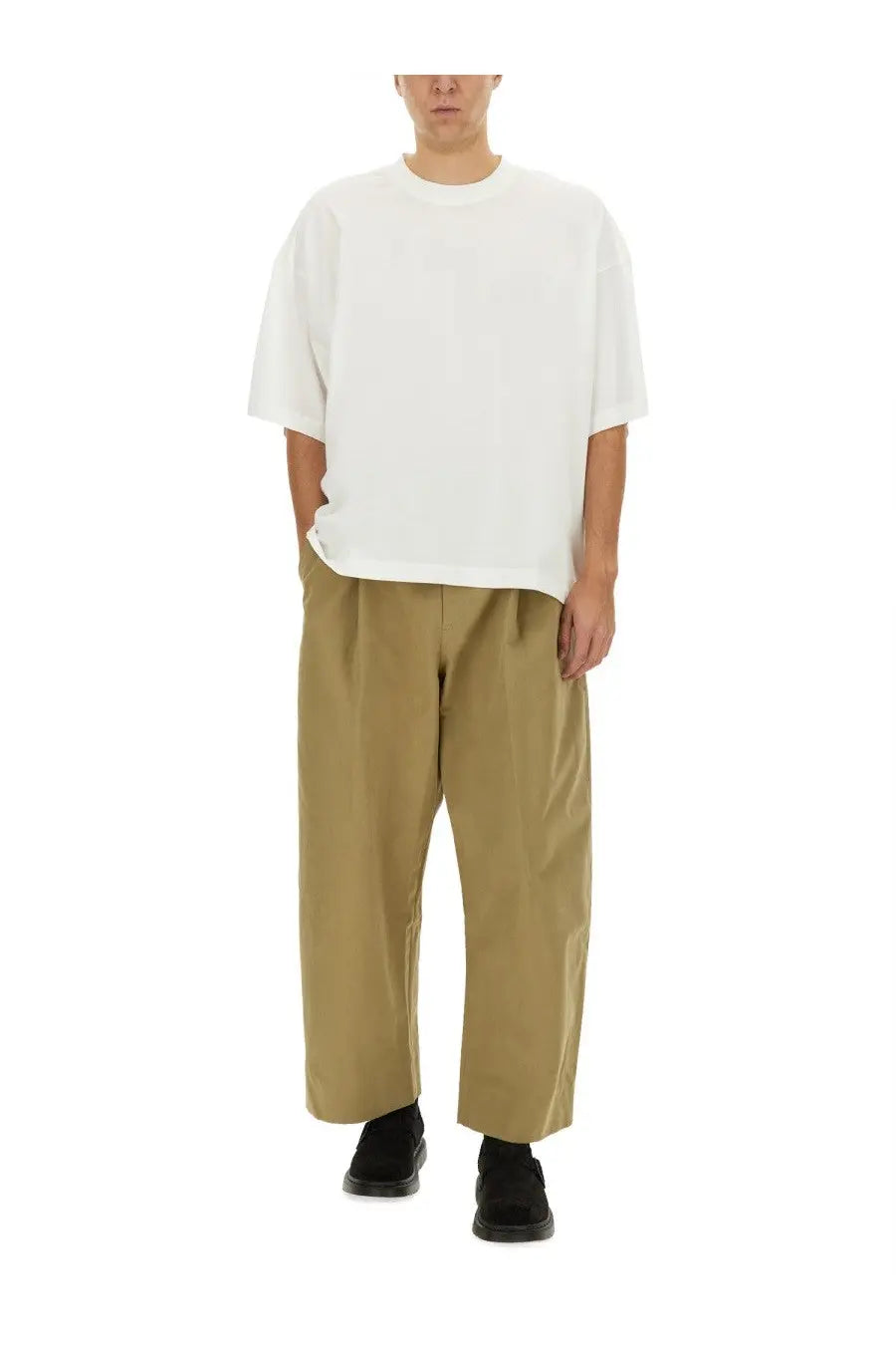 Studio Nicholson men’s white oversized short-sleeved jersey shirt with relaxed fit and subtle ribbed hem