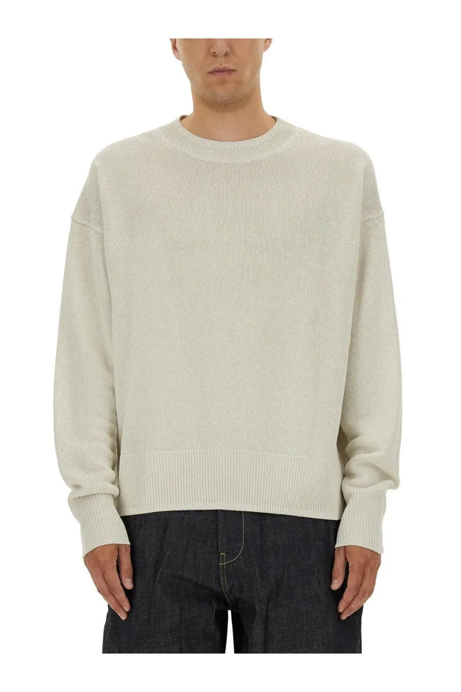 Studio Nicholson men’s kami shirt white cream-colored ribbed-knit crewneck sweater with relaxed fit front view