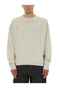 Studio Nicholson men’s kami shirt white cream-colored ribbed-knit crewneck sweater with relaxed fit front view