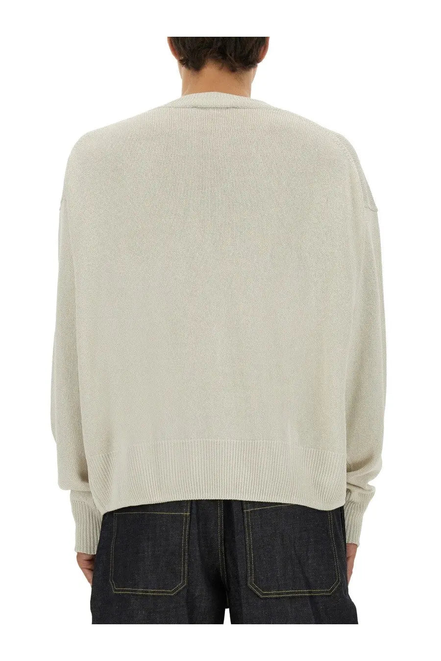 Studio nicholson men’s kami shirt white in a loose-fitting off-white knitted fabric with ribbed hem and cuffs