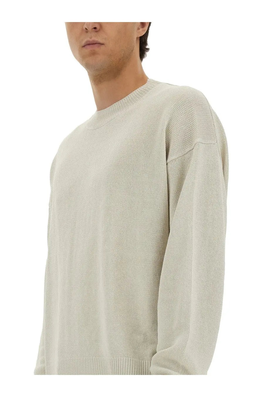 Studio Nicholson men’s kami shirt white soft off-white textured knit sweater with relaxed fit and ribbed cuffs