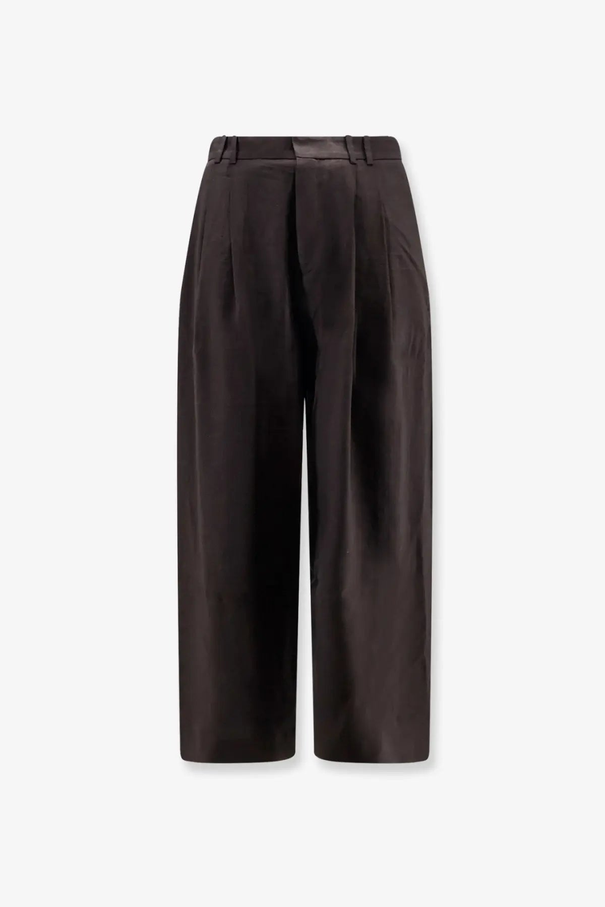 Studio nicholson men’s oversized wool blend trousers brown with high waist and pleated front in black satin wide-leg style