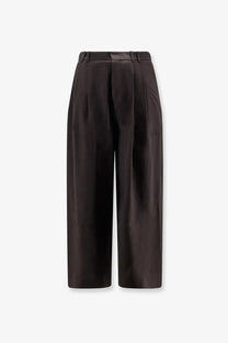 Studio nicholson men’s oversized wool blend trousers brown with high waist and pleated front in black satin wide-leg style