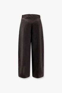 Studio nicholson men’s oversized wool blend brown trousers with black wide-leg satin finish and tailored waistband