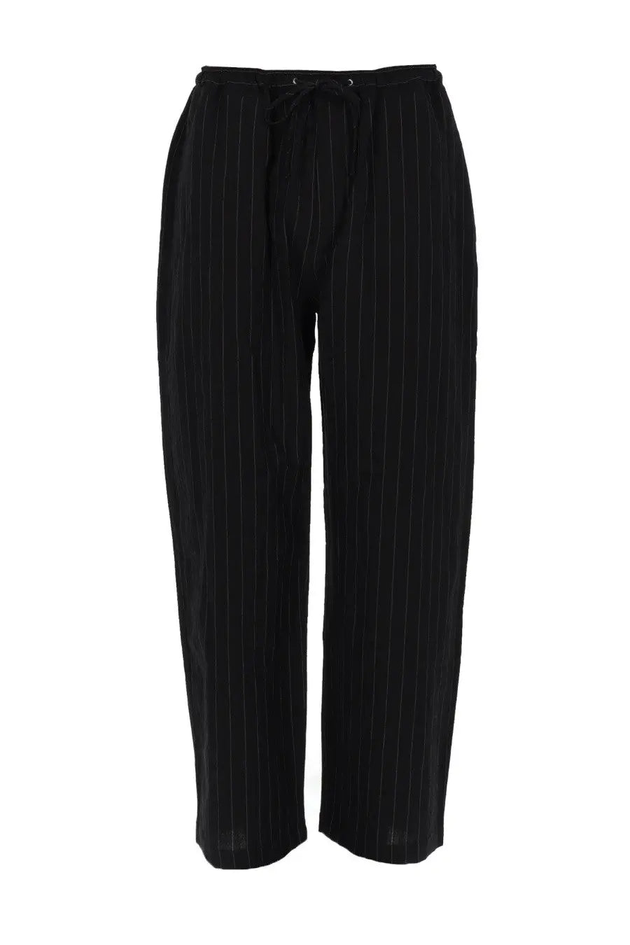 Studio nicholson men’s black pinstripe pantalone trousers with drawcord waistband for casual and smart wear
