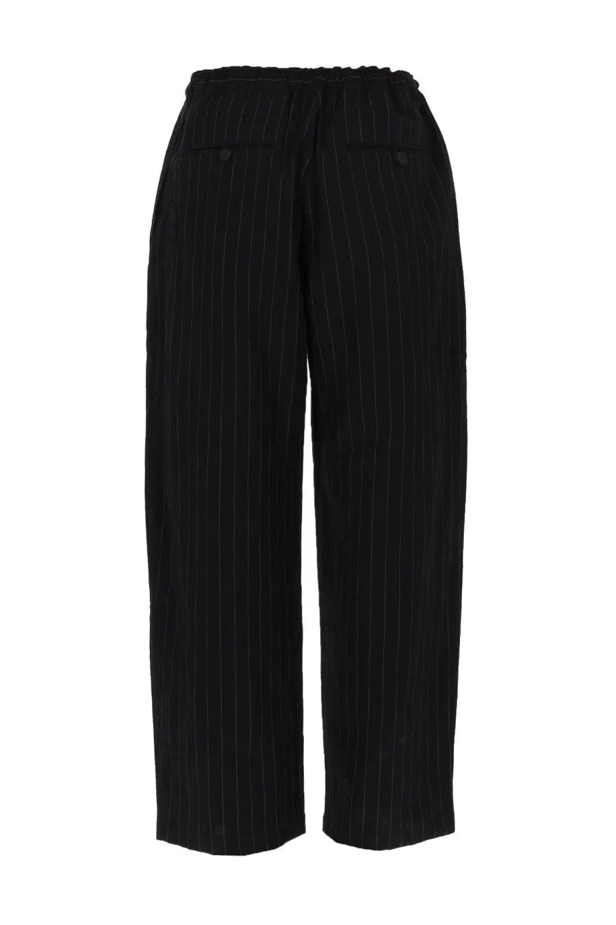 Studio Nicholson men’s black pinstripe wide-leg trousers with drawstring waistband made from lightweight fabric