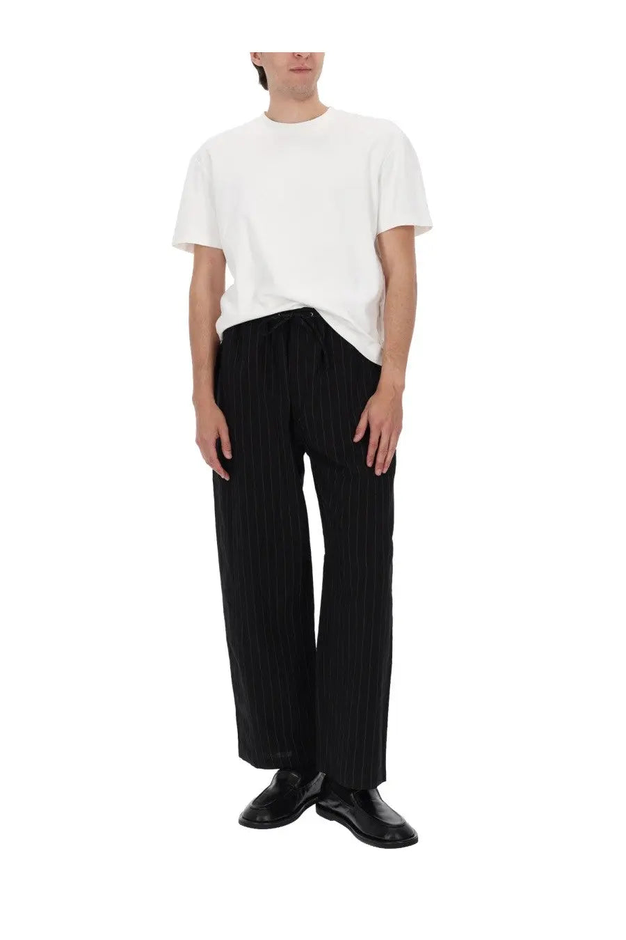 Studio nicholson men’s black pinstripe wide-leg trousers with drawstring waist in lightweight fabric for casual wear