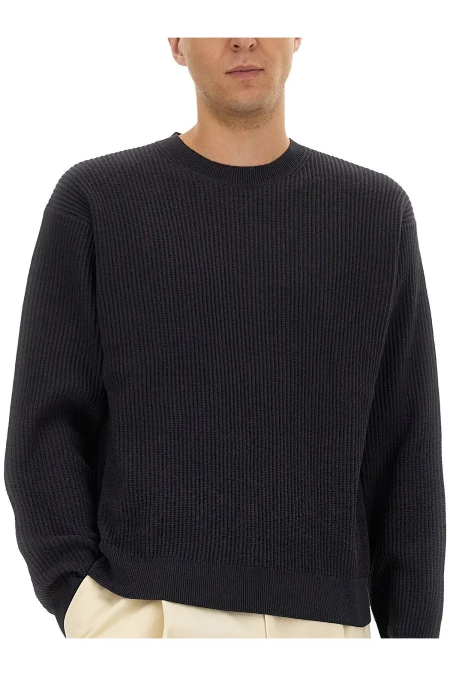 Studio nicholson men’s shirt blue featuring a black ribbed knit sweater with crew neck and long sleeves