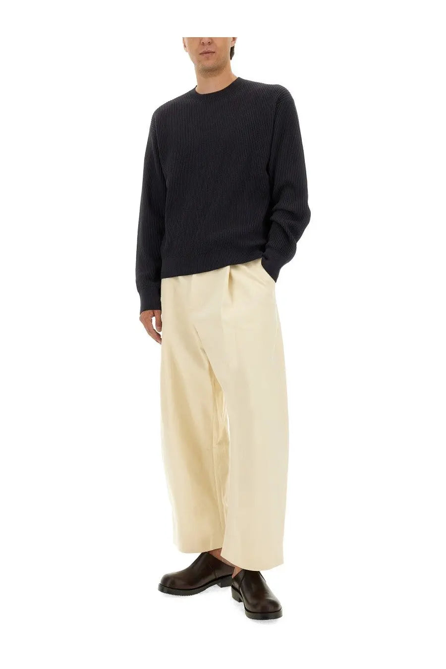 Studio nicholson men’s shirt blue featuring a black ribbed knit sweater with long sleeves and a crew neckline