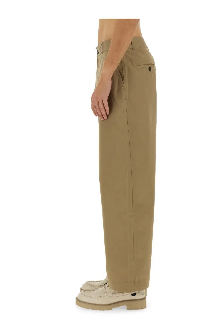 Studio Nicholson men’s slim curved beige chino trousers with straight legs, classic belt loops, and subtle stitching details
